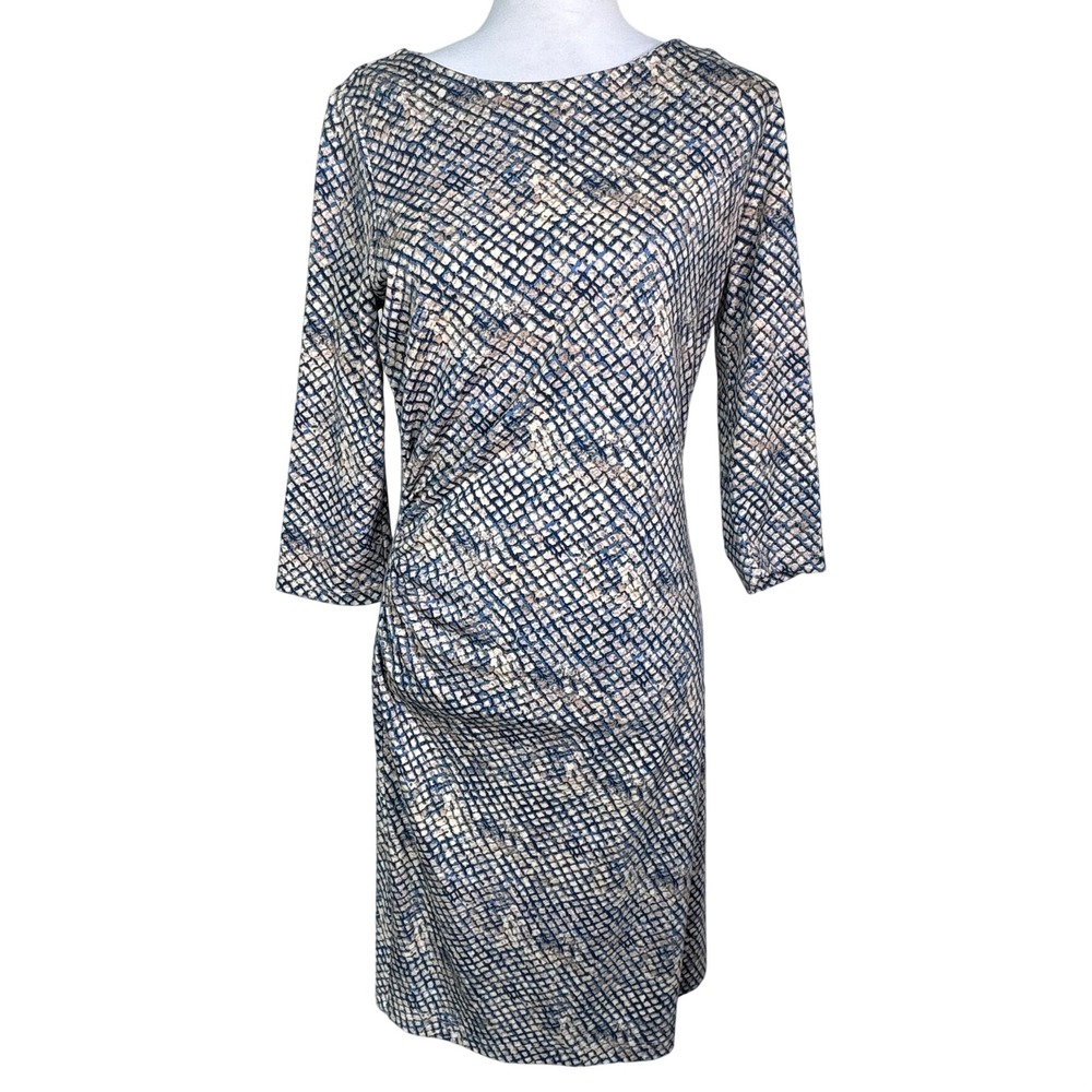 J.MCLAUGHLIN Women Medium Blue Tan Snakeskin Print Grid Ruched Sheath Midi Dress